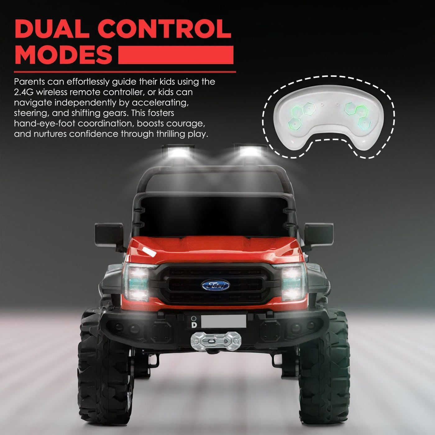 Baby Moo Ford 4X4 Battery Operated Electric Ride On Jeep Rechargeable 12V Battery With Remote Control LED Lights, Music & USB Port - Red