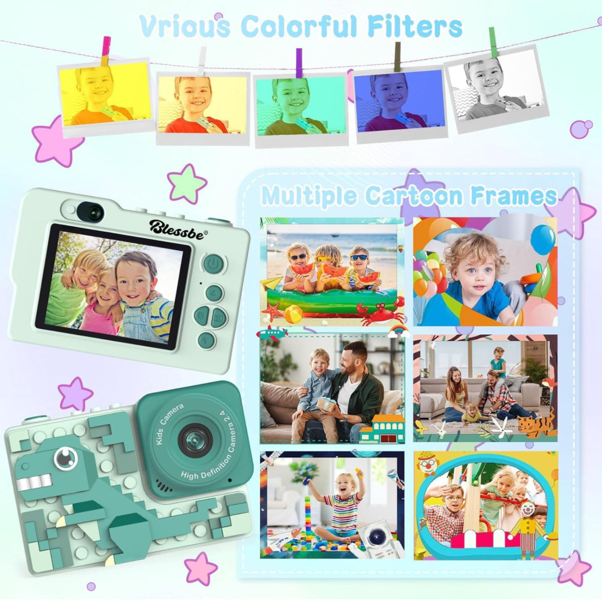 Kids Camera Dinosaur for years 3 to 8 Years Digital Camera for Children with Building Block Dual Lens 2.4 Inch HD Screen 64GB inbuilt music player and games