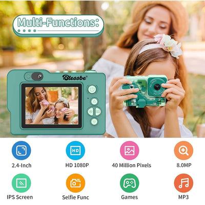 Kids Camera Dinosaur for years 3 to 8 Years Digital Camera for Children with Building Block Dual Lens 2.4 Inch HD Screen 64GB inbuilt music player and games