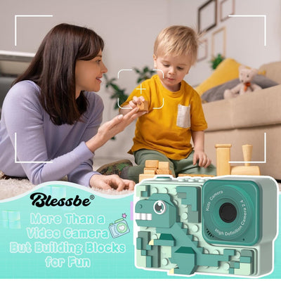 Kids Camera Dinosaur for years 3 to 8 Years Digital Camera for Children with Building Block Dual Lens 2.4 Inch HD Screen 64GB inbuilt music player and games